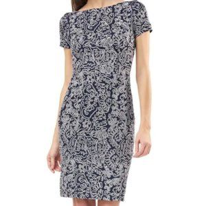 Js Collection Silver Embroidered Short Sleeve Boat Neck Sheath Cocktail Dress